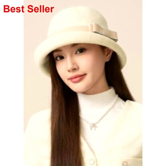 Vintage Felt Cloche Hat Winter Fedora Bucket Cap with Bow main image 4